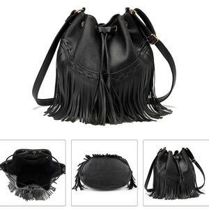 Black Crossbody Fringe Bag with Drawstring Closure